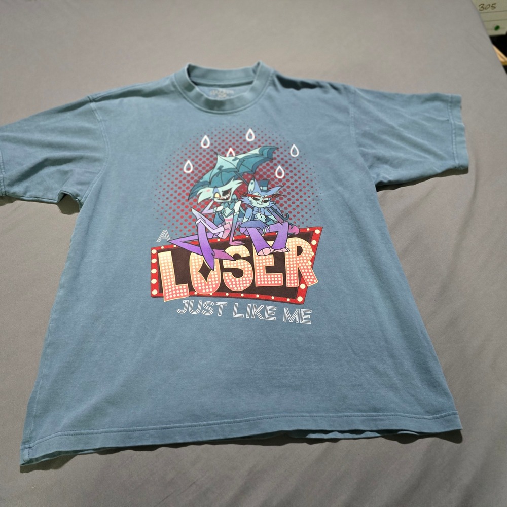 Hot Topic Hazbin Hotel T-Shirt Mens L Blue Loser Just Like Me Angel Dust Husk